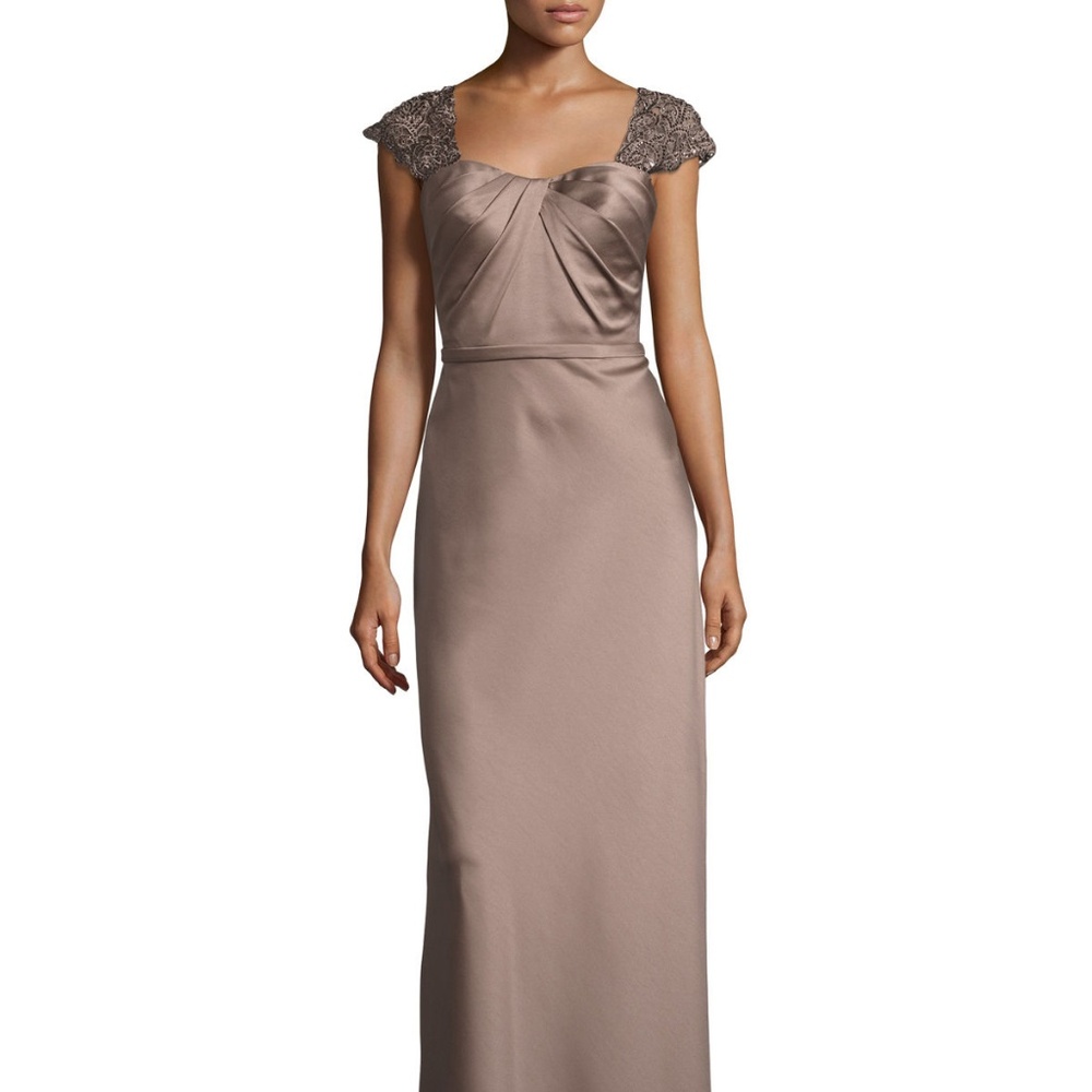 La Femme Embellished Cap-Sleeve Satin Gown